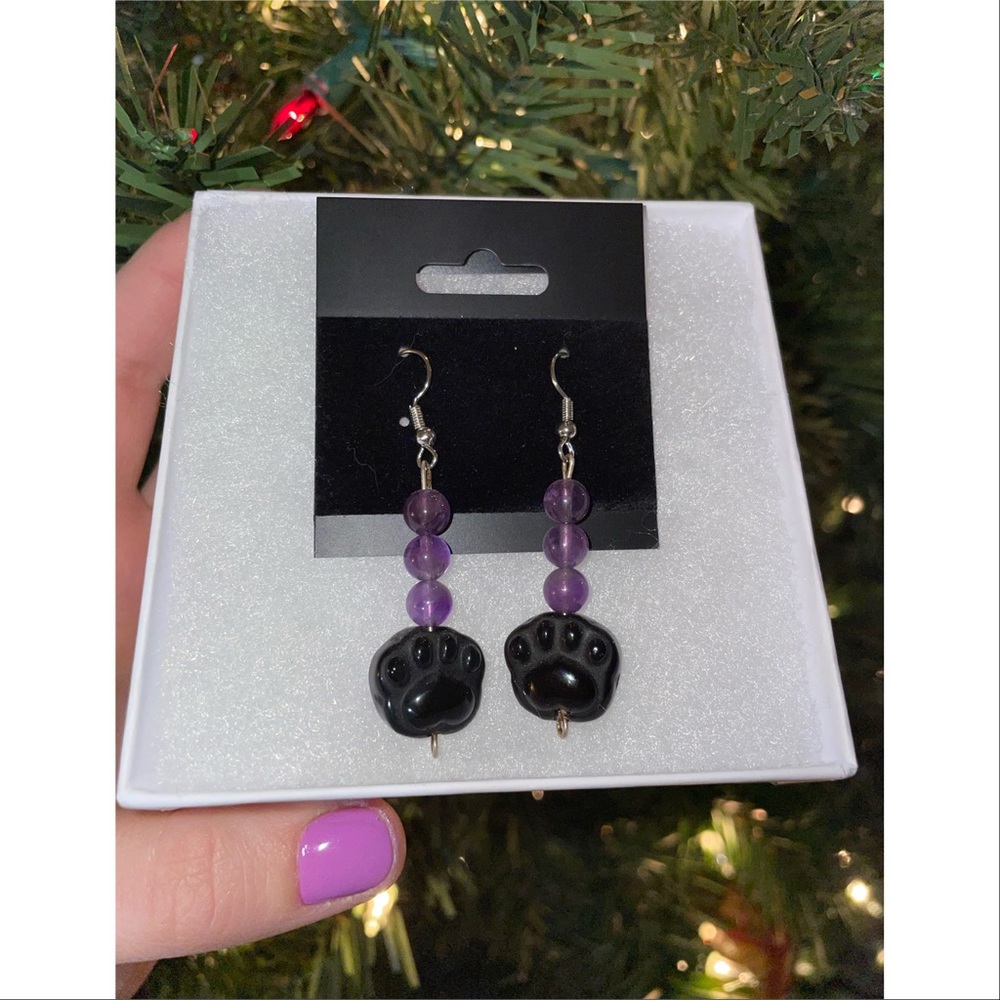 Amethyst + Rainbow Obsidian | Dog Paw Print Crystal Earrings Hand Crafted